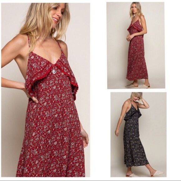 𝅺floral Ruffle Maxi Dress Featuring Red Base Print - Picture 11 of 16